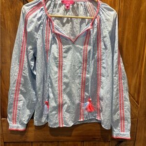 Lilly Pulitzer Light Blue Blouse with Pink Trim